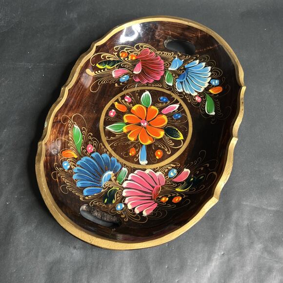 Vintage Mexican Batea Tray – Hand-Painted Wood Folk Art  Floral Serving Dish VTG - Picture 2 of 14